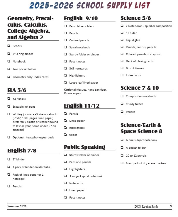 School Supply List Page 4
